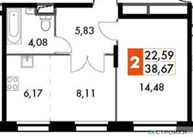Планировка однокомнатной(апартаменты) площадью 38.67 квадратных метров в “ЖК Движение. Говорово”