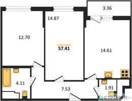 Планировка двухкомнатной(квартира) площадью 57.41 квадратных метров в “ЖК Светлый мир БиоПолис”