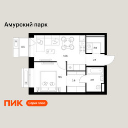 Планировка однокомнатной(квартира) площадью 37.3 квадратных метров в ЖК “ЖК Амурский парк”