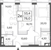 Планировка двухкомнатной(квартира) площадью 78 квадратных метров в “ЖК Will Towers (Вилл Тауэрс)”