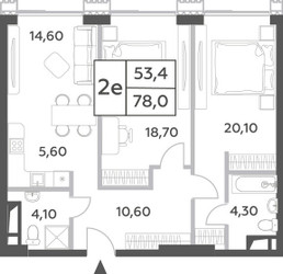 Планировка двухкомнатной(квартира) площадью 78 квадратных метров в ЖК “ЖК Will Towers (Вилл Тауэрс)”