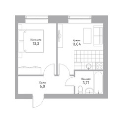 Планировка однокомнатной(квартира) площадью 34.8 квадратных метров в ЖК “Дом+ (Дом Плюс)”