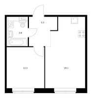 Планировка однокомнатной(квартира) площадью 39.5 квадратных метров в “ЖК Ильинские луга”