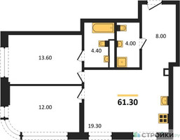 Планировка двухкомнатной(квартира) площадью 61.3 квадратных метров в “Архитектурный проект U2 (ЮТУ)”