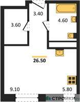 Планировка студии(квартира) площадью 26.5 квадратных метров в “ЖК Квартал на воде (Графика на воде)”