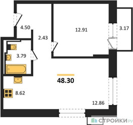 Планировка однокомнатной(квартира) площадью 48.3 квадратных метров в ЖК “ЖК Квартал Герцена”