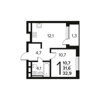 Планировка однокомнатной(квартира) площадью 32.9 квадратных метров в “Новые Ватутинки. Заречный”