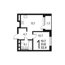 Планировка однокомнатной(квартира) площадью 32.9 квадратных метров в ЖК “Новые Ватутинки. Заречный”