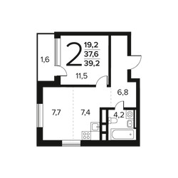 Планировка двухкомнатной(квартира) площадью 39.2 квадратных метров в ЖК “Новые Ватутинки. Заречный”