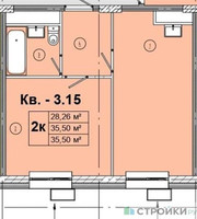 Планировка однокомнатной(квартира) площадью 35.5 квадратных метров в “ЖК Радость (Радумля Парк)”