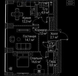 Планировка двухкомнатной(квартира) площадью 62.6 квадратных метров в ЖК “ЖК СЕЗАР БУДУЩЕЕ”