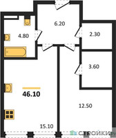 Планировка однокомнатной(квартира) площадью 46.1 квадратных метров в “ЖК СТОУН Сокольники”