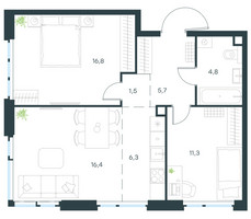 Планировка трехкомнатной(квартира) площадью 62.8 квадратных метров в “ЖК Level Мичуринский”