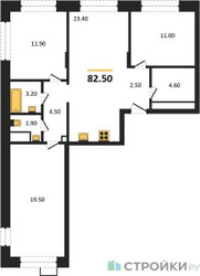 Планировка трехкомнатной(квартира) площадью 82.5 квадратных метров в ЖК “ЖК Wave (Вейв)”