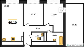 Планировка двухкомнатной(квартира) площадью 60.1 квадратных метров в “ЖК Обручева 30”