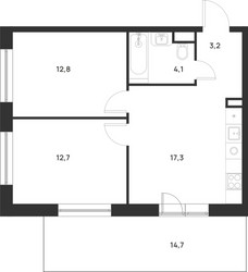 Планировка двухкомнатной(квартира) площадью 54.5 квадратных метров в ЖК “ЖК Форевиль”