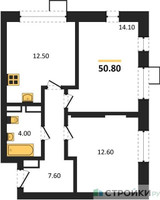 Планировка двухкомнатной(квартира) площадью 50.8 квадратных метров в “ЖК ОБЛАКА-2”