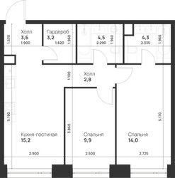 Планировка двухкомнатной(квартира) площадью 57.5 квадратных метров в ЖК “ЖК Войс”
