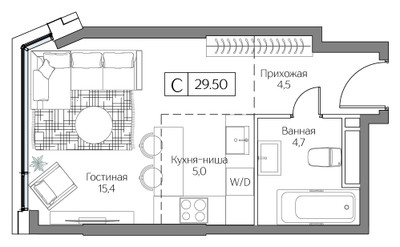 Планировка студии(квартира) площадью 29 квадратных метров в ЖК “ЖК Дрим Рива”