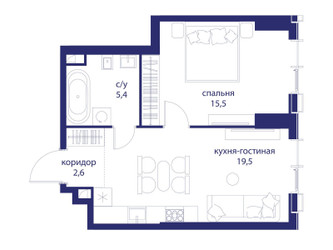 Планировка однокомнатной(квартира) площадью 43 квадратных метров в ЖК “ЖК Событие”