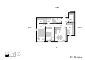 Планировка трехкомнатной(квартира) площадью 95.4 квадратных метров в “ЖК Мытищи Сити”