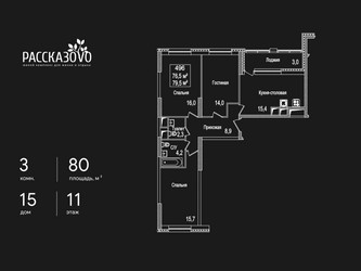 Планировка трехкомнатной(квартира) площадью 80 квадратных метров в ЖК “ЖК Рассказово”