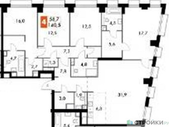 Планировка 4+ комнате(квартира) площадью 140.5 квадратных метров в “ЖК Sydney City (Сидней Сити)”