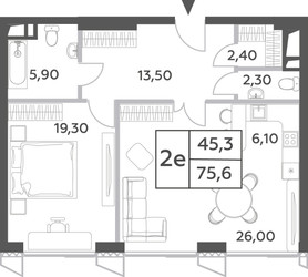 Планировка двухкомнатной(квартира) площадью 75.6 квадратных метров в ЖК “ЖК Will Towers (Вилл Тауэрс)”