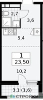 Планировка студии(квартира) площадью 23.5 квадратных метров в “ЖК Дзен-кварталы”