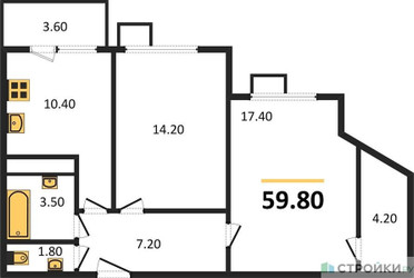Планировка двухкомнатной(квартира) площадью 59.8 квадратных метров в ЖК “ЖК Датский Квартал”