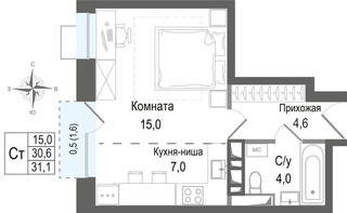 Планировка студии(квартира) площадью 30.6 квадратных метров в “ЖК КИНОКВАРТАЛ”