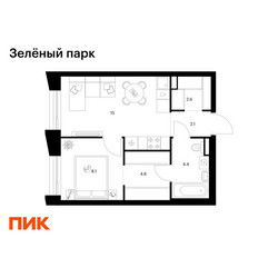 Планировка однокомнатной(квартира) площадью 36.8 квадратных метров в ЖК “ЖК Зеленый парк”
