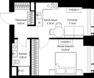 Планировка однокомнатной(квартира) площадью 37.42 квадратных метров в ЖК “ЖК Веер”