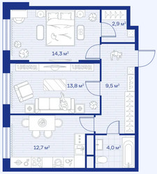 Планировка двухкомнатной(квартира) площадью 57.2 квадратных метров в ЖК “ЖК Аристов берег”