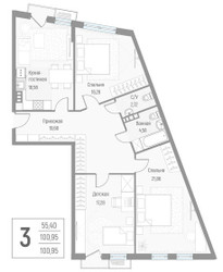 Планировка трехкомнатной(квартира) площадью 101.3 квадратных метров в ЖК “ЖК Эльйон”