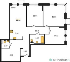 Планировка трехкомнатной(квартира) площадью 88.24 квадратных метров в “ЖК Богдановский Лес”