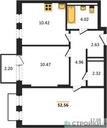 Планировка двухкомнатной(квартира) площадью 52.56 квадратных метров в ЖК “ЖК Рублевский Квартал”