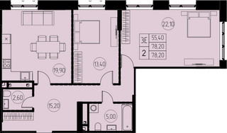 Планировка трехкомнатной(квартира) площадью 77.7 квадратных метров в “ЖК 7 Небо (Седьмое Небо)”