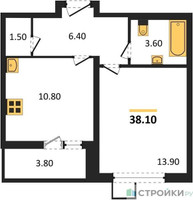 Планировка однокомнатной(квартира) площадью 38.1 квадратных метров в “ЖК Первый Лермонтовский”