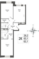 Планировка двухкомнатной(квартира) площадью 63.1 квадратных метров в “ЖК КИНОКВАРТАЛ”
