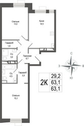 Планировка двухкомнатной(квартира) площадью 63.1 квадратных метров в ЖК “ЖК КИНОКВАРТАЛ”
