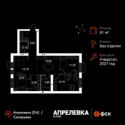 Планировка 4+ комнатной(квартира) площадью 81 квадратных метров в ЖК “Апрелевка Клаб”