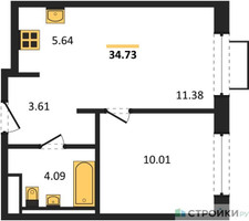 Планировка однокомнатной(квартира) площадью 34.73 квадратных метров в “ЖК Новое Видное”