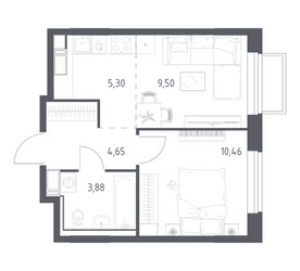 Планировка однокомнатной(квартира) площадью 33.79 квадратных метров в ЖК “ЖК Томилино Парк”
