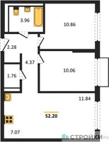 Планировка двухкомнатной(квартира) площадью 52.2 квадратных метров в “ЖК Пригород Лесное”
