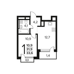 Планировка однокомнатной(квартира) площадью 33.6 квадратных метров в ЖК “Новые Ватутинки. Заречный”