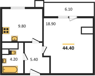Планировка однокомнатной(квартира) площадью 42.9 квадратных метров в ЖК “ЖК Парк Легенд 2”