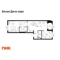 Планировка двухкомнатной(квартира) площадью 66.2 квадратных метров в “ЖК Белая Дача парк”