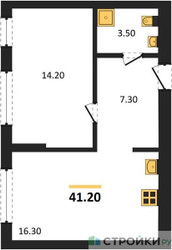 Планировка однокомнатной(квартира) площадью 41.2 квадратных метров в ЖК “ЖК Первый квартал”