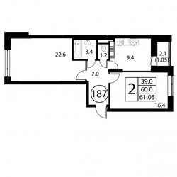 Планировка двухкомнатной(квартира) площадью 61 квадратных метров в ЖК “ЖК Космос”